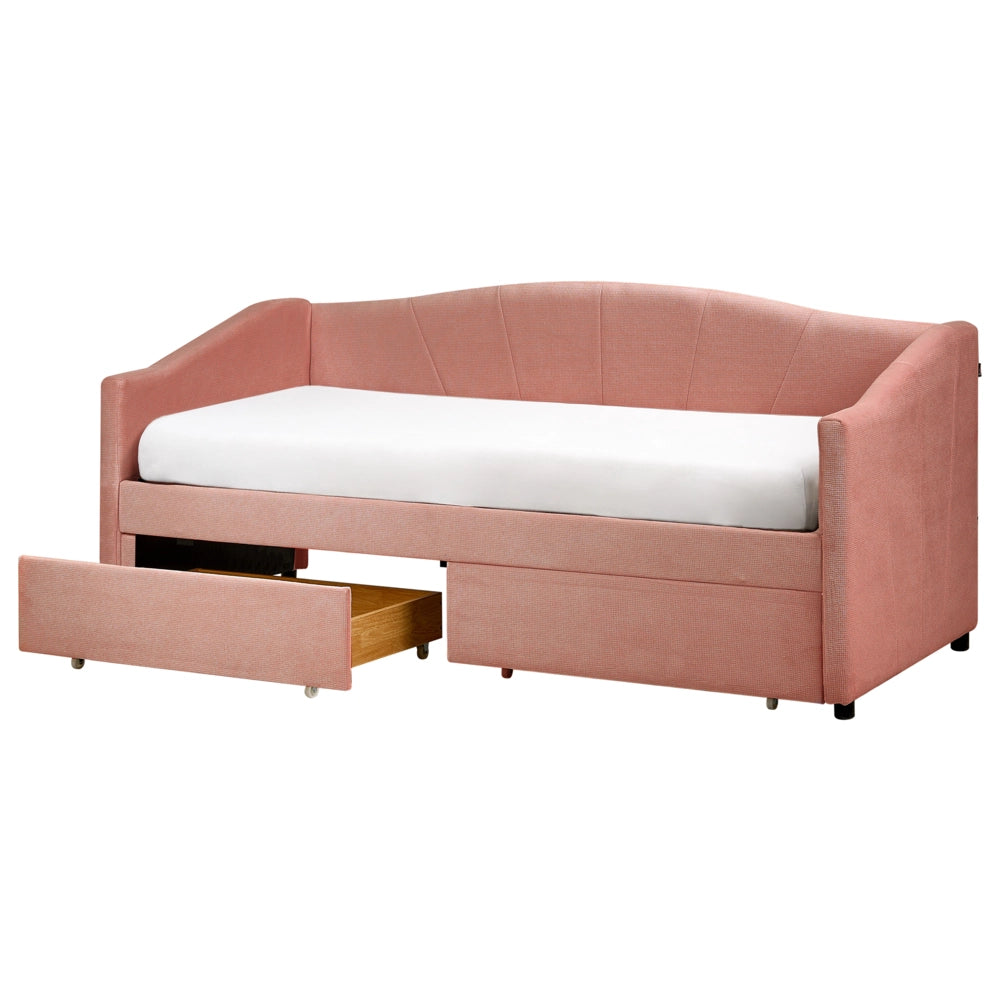Lettino da giorno Rosa EU Dimensione singola Poliestere Imbottitura a doghe Telaio in legno di eucalipto Cassetti in compensato Camera da letto moderna
