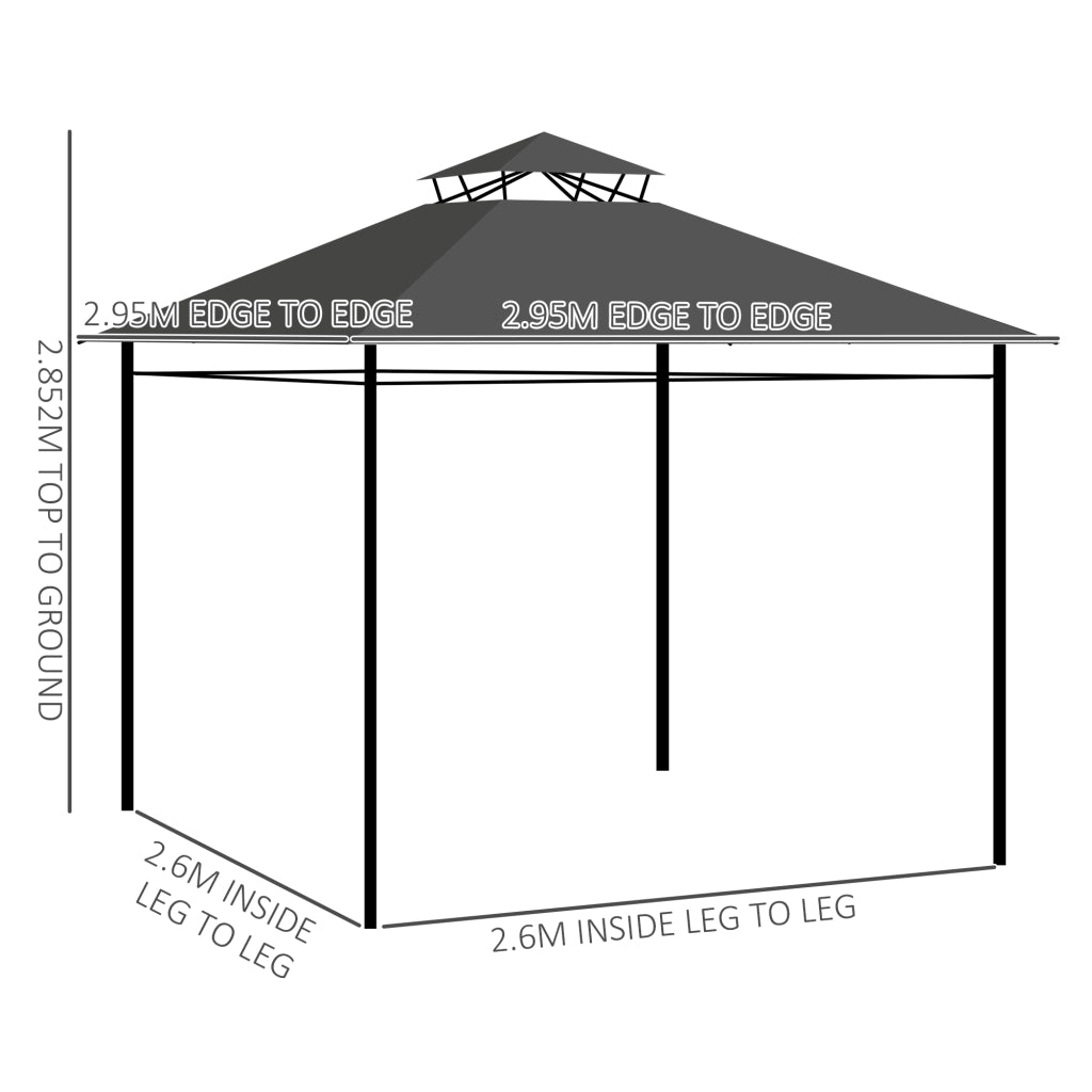 Gazebo da giardino 2,95 x 2,95 m con tetto a doppio strato e tende rimovibili, struttura in metallo, grigio scuro