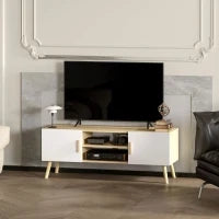 Mobile TV mobile in legno per TV fino a 50 pollici con ripiani, 2 armadi e passacavi, rovere