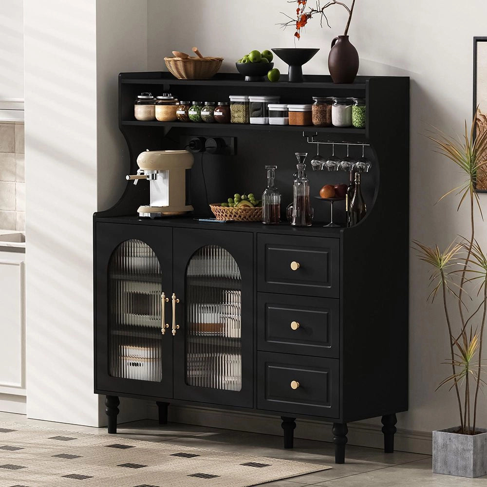 Armadio alto per cucina e soggiorno - Xylo - Nero - Prese elettriche, tiroir, porta-bicchieri