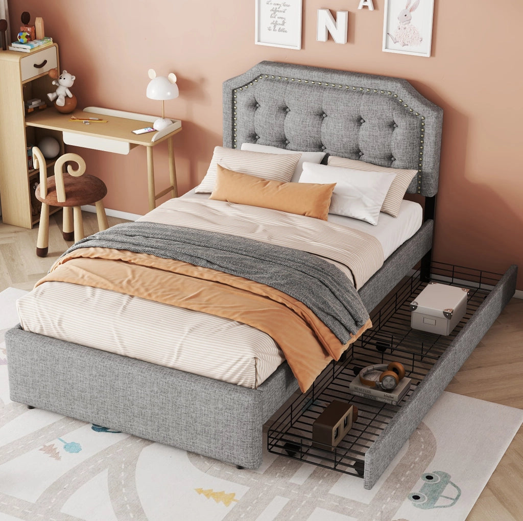 Letto singolo imbottito 90x200 cm grigio con 2 cassetti