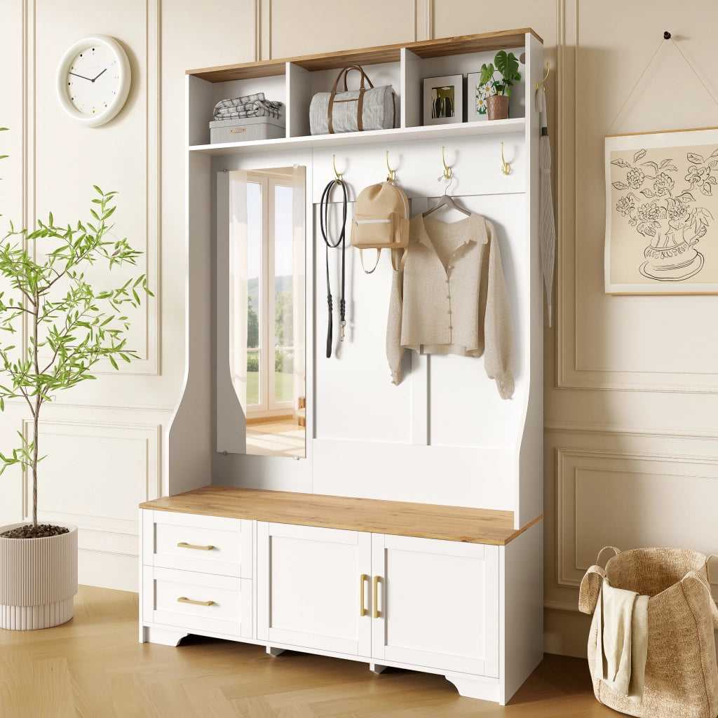 Mobile Ingresso con Specchio; LED; Ganci; Ante e Cassetti; Stile Moderno; in MDF; 120??40??187 cm; Bianco e Legno