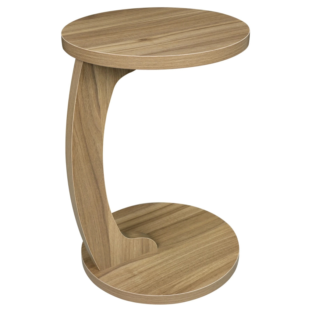 Tavolino basso rotondo a C in MDF con piano salvaspazio per soggiorno e camera da letto, rovere chiaro, 38 × 55 cm