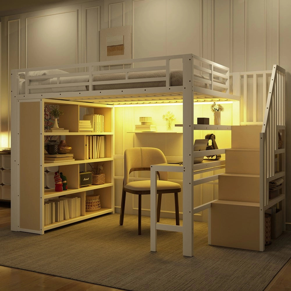 Letto a Soppalco con Scrivania e LED ¨C Xylo ¨C Bianco, Metallo, 140x200