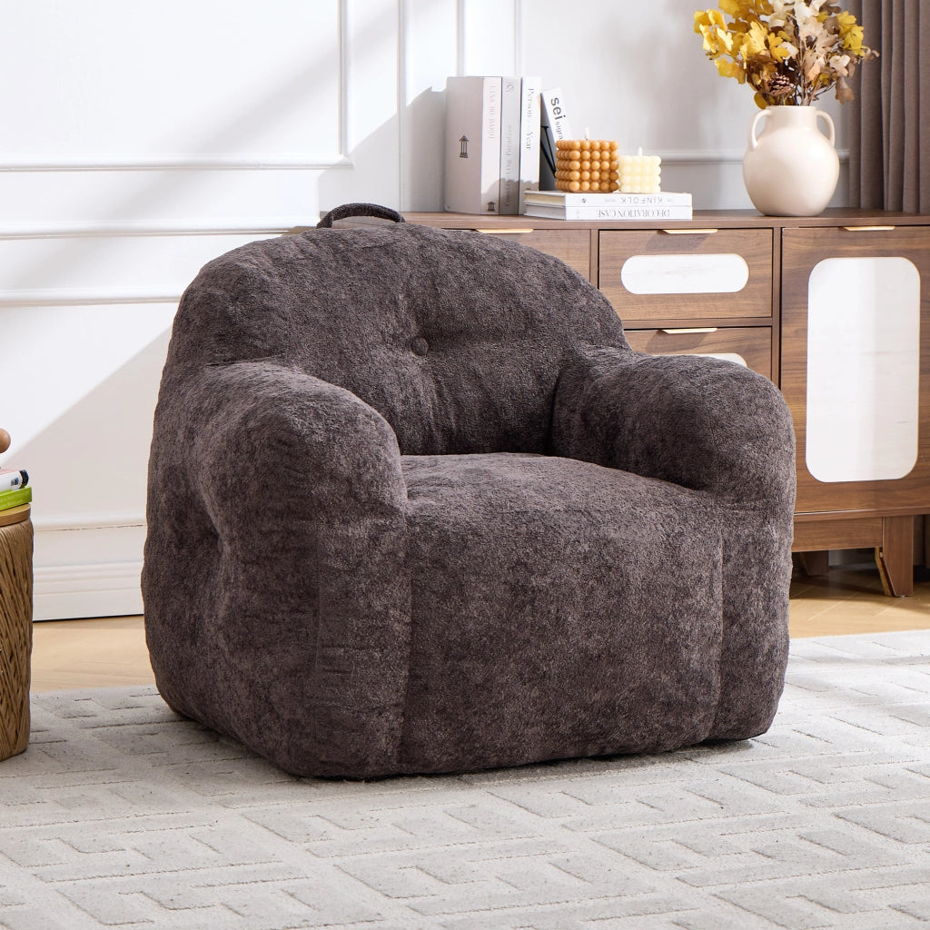 Pouf con imbottitura in schiuma sminuzzata e schienale ergonomico con braccioli, in pelliccia sintetica, grigio scuro