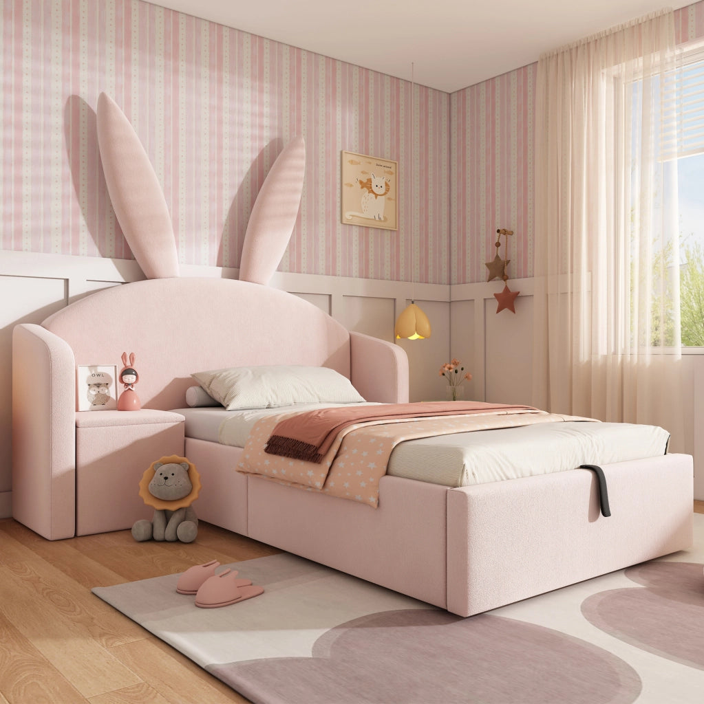 Letto imbottito per bambini 90x190 cm rosa con contenitore e comodino