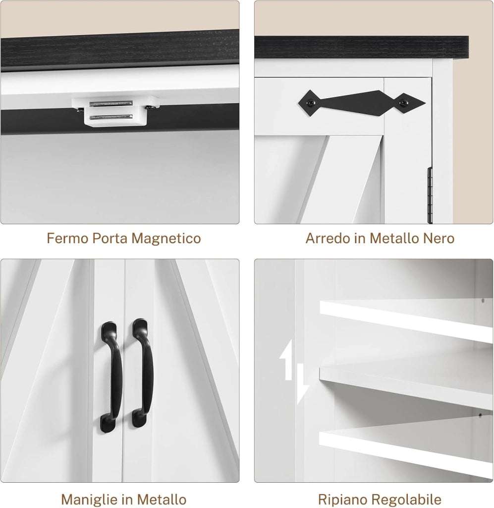 Credenza Cucina, Mobile Cucina con 4 Ante e Ripiani Regolabili, Dispensa Cucina con Maniglie Nere, per Soggiorno e Sala da Pranzo, Bianco – 60x30x148 cm