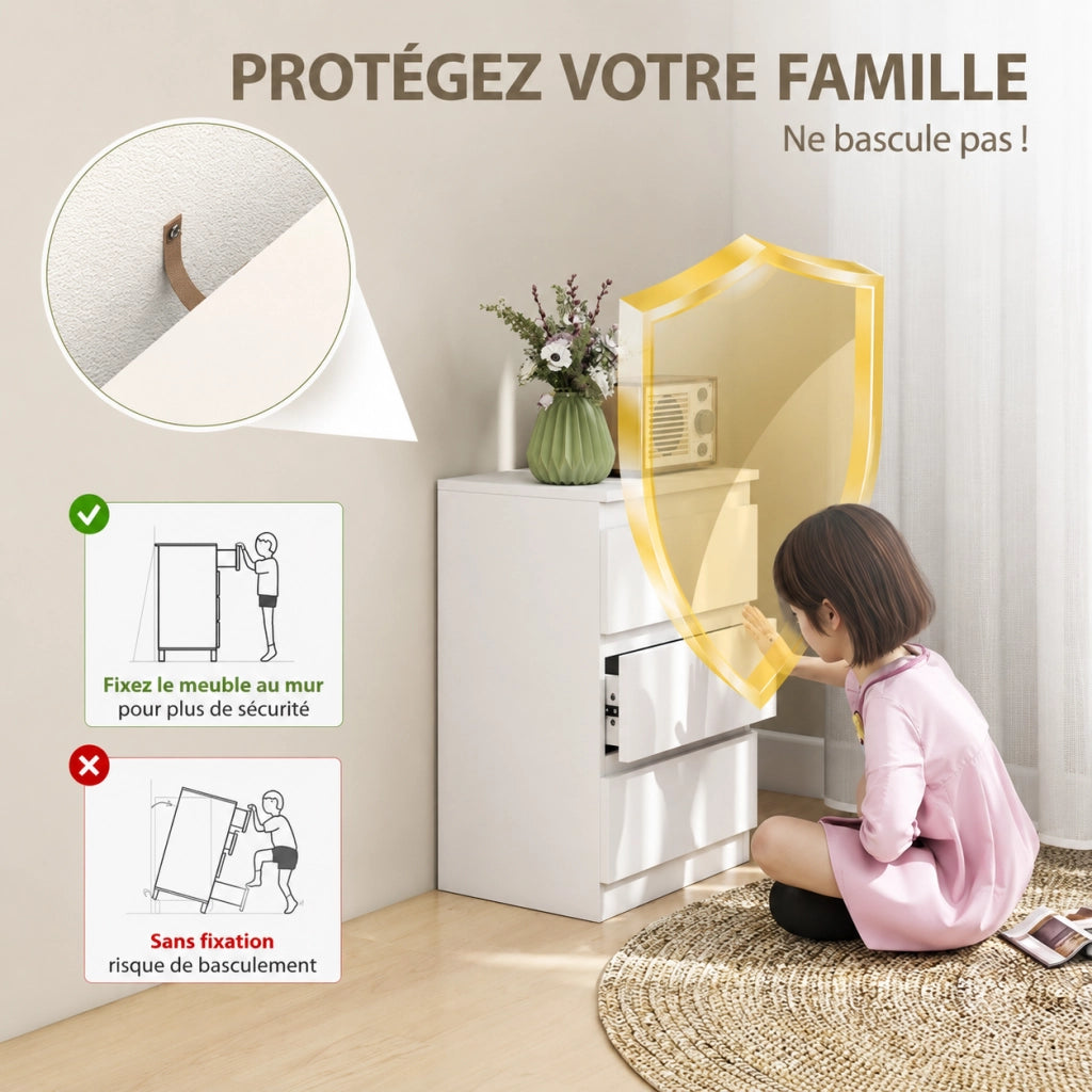 Set di 2 comodini 40x30x59.5 cm con 3 cassetti; in MDF bianco