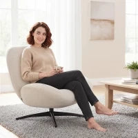 Poltrona imbottita girevole, rivestita in tessuto, con base in acciaio, Bianco crema
