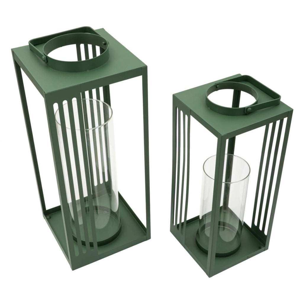 Set di due lanterne geometriche in metallo e vetro temperato