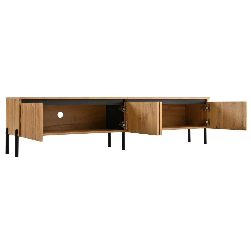 Mobile TV 180x35x43 cm con 4 ante a rilievo ondulato e passacavi; in MDF e truciolare; naturale