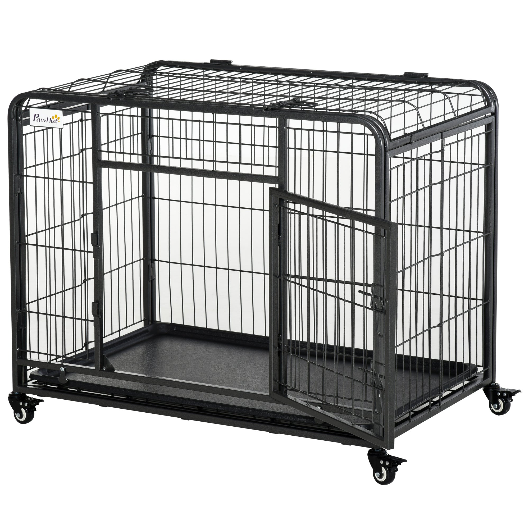 Box Kennel per Cani Pieghevole 94x58x69.5 cm a Doppia Porta con Blocco 4 Ruote e Fondo Rimovibile Grigio