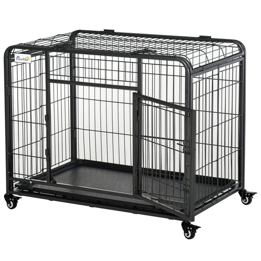 Box Kennel per Cani Pieghevole 94x58x69.5 cm a Doppia Porta con Blocco 4 Ruote e Fondo Rimovibile Grigio