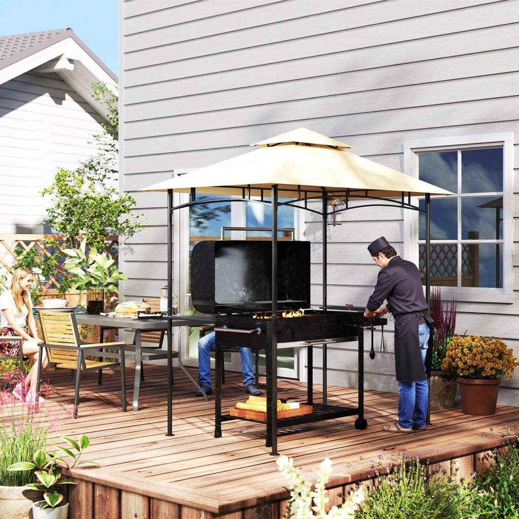 Gazebo BBQ con gazebo da giardino ignifugo a LED 240 x 150 x 258 cm repellente per l'acqua con tetto a doppio strato mensole laterali pergoletti da giardino con protezione UV gazebo barbecue per barbecue da festa beige