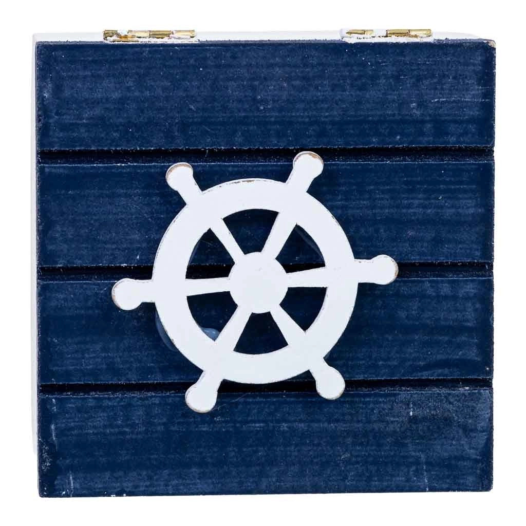 Scatola decorativa in legno con timone blu, 9 x 9 x 6 cm