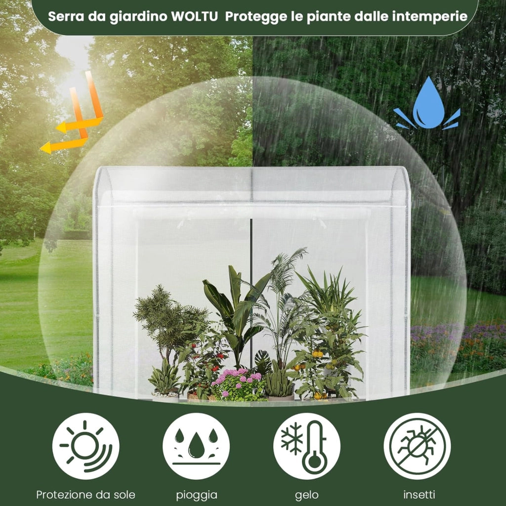 Serra da Giardino a Tunnel, Copertura per Piante da Esterno, in Rete PE e Tubi d’Acciaio Zincato, Porta Avvolgibile con Cerniere e 2 Finestre Laterali,170x68x200 cm, Bianco