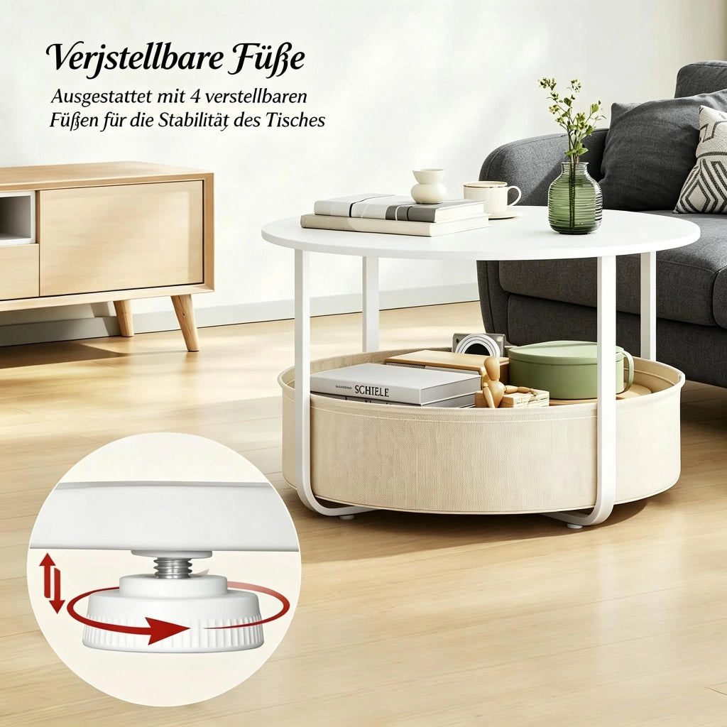 Tavolino basso rotondo con cestino in tela, struttura in metallo, per soggiorno e salotto, beige e bianco, Ø 80 × 50 cm