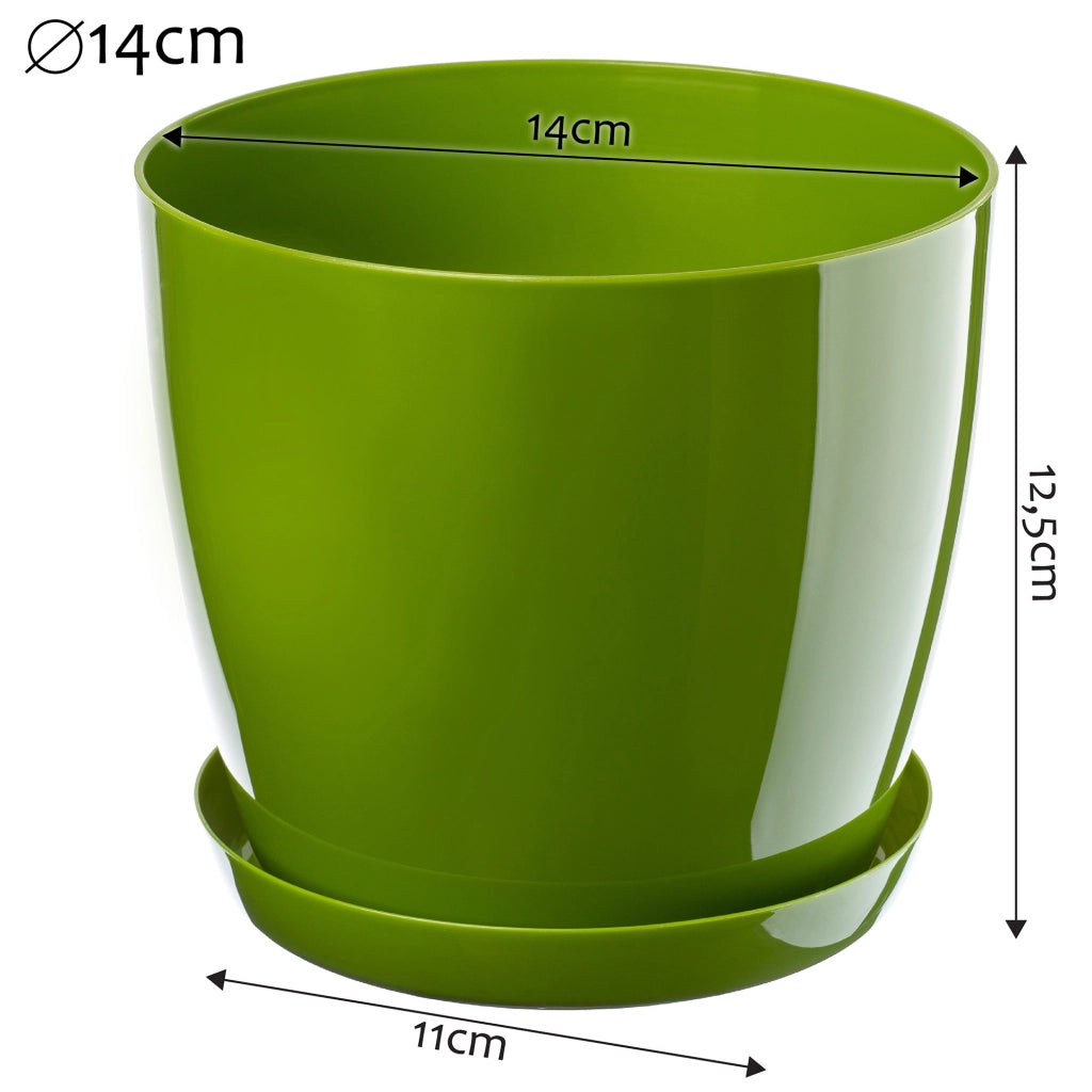 Vaso da fiori KADAX con sottovaso e coperchio in plastica, 14 cm, verde.