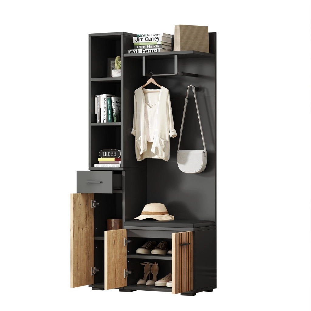 Mobile ingresso multifunzione 80 x 35 x 175 cm con 2 armadi; 1 cassetto; nero e legno naturale