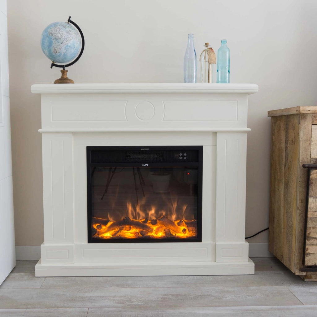 Mpc Camino Lipari Camino Da Pavimento Con Cornice e Bruciatore Elettrico Da 1500w Bianco Caminetto Elettrico Completo Di Inserto Elettrico 1500 w Effetto Fiamma Realisitco e Cornce In Legno Mdf