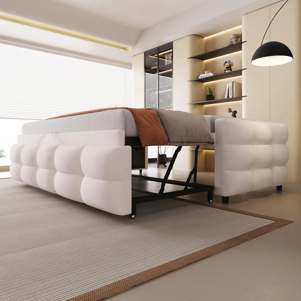 Letto Imbottito Estraibile in Velluto Teddy ¨C MINIMAL ¨C Singolo/Matrimoniale 90/180x190 cm con Doghe, Beige