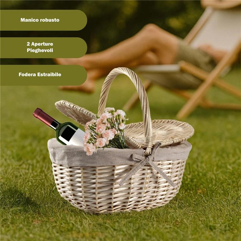 CESTINO DA PICNIC OVALE IN VIMINI CON FEDERA INTERNA IN TESSUTO E MANICO DIMENSIONE 36X25X16/32H CM