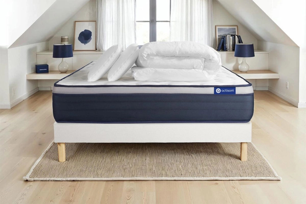 Pacchetto letto completo - Materasso 140x190cm + Box spring con doghe (kit) + 2 cuscini + Piumino - Actiflex Max