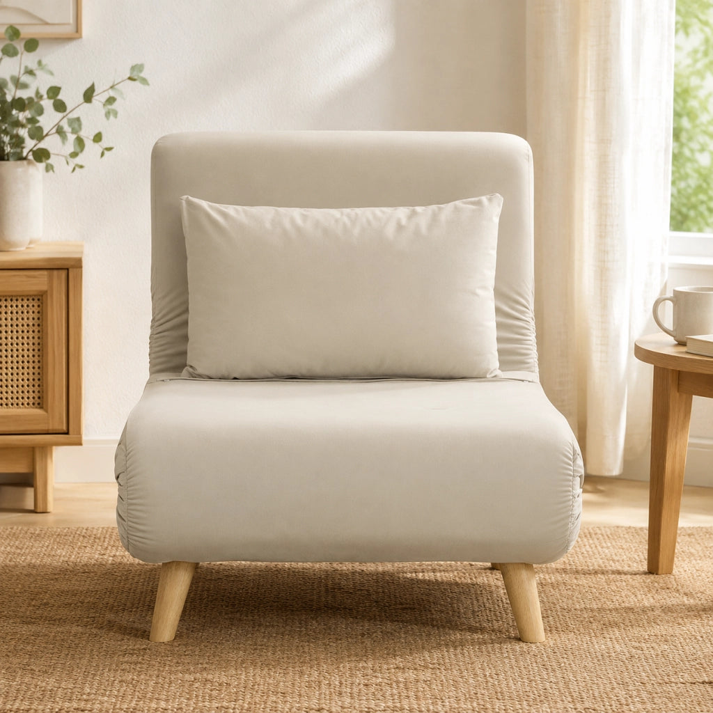 Poltrona letto 2 in 1 con schienale regolabile 6 posizioni in velluto beige