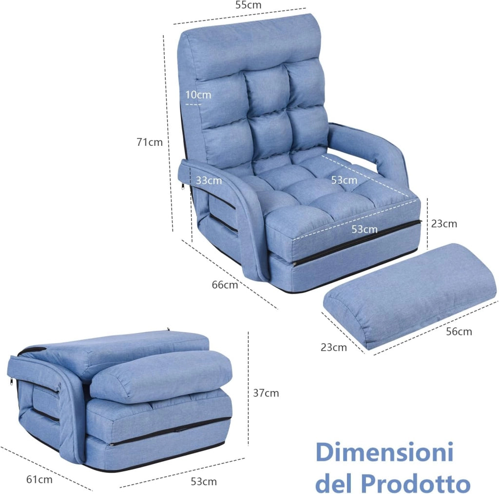 Poltrona Divano con 5 Livelli Regolabili, Sedia da Terra con Braccioli e Cuscino, Struttura in Acciaio, Multifunzione e Pieghevole per Soggiorno Camera da Letto, 55x66x71 cm (Blu)