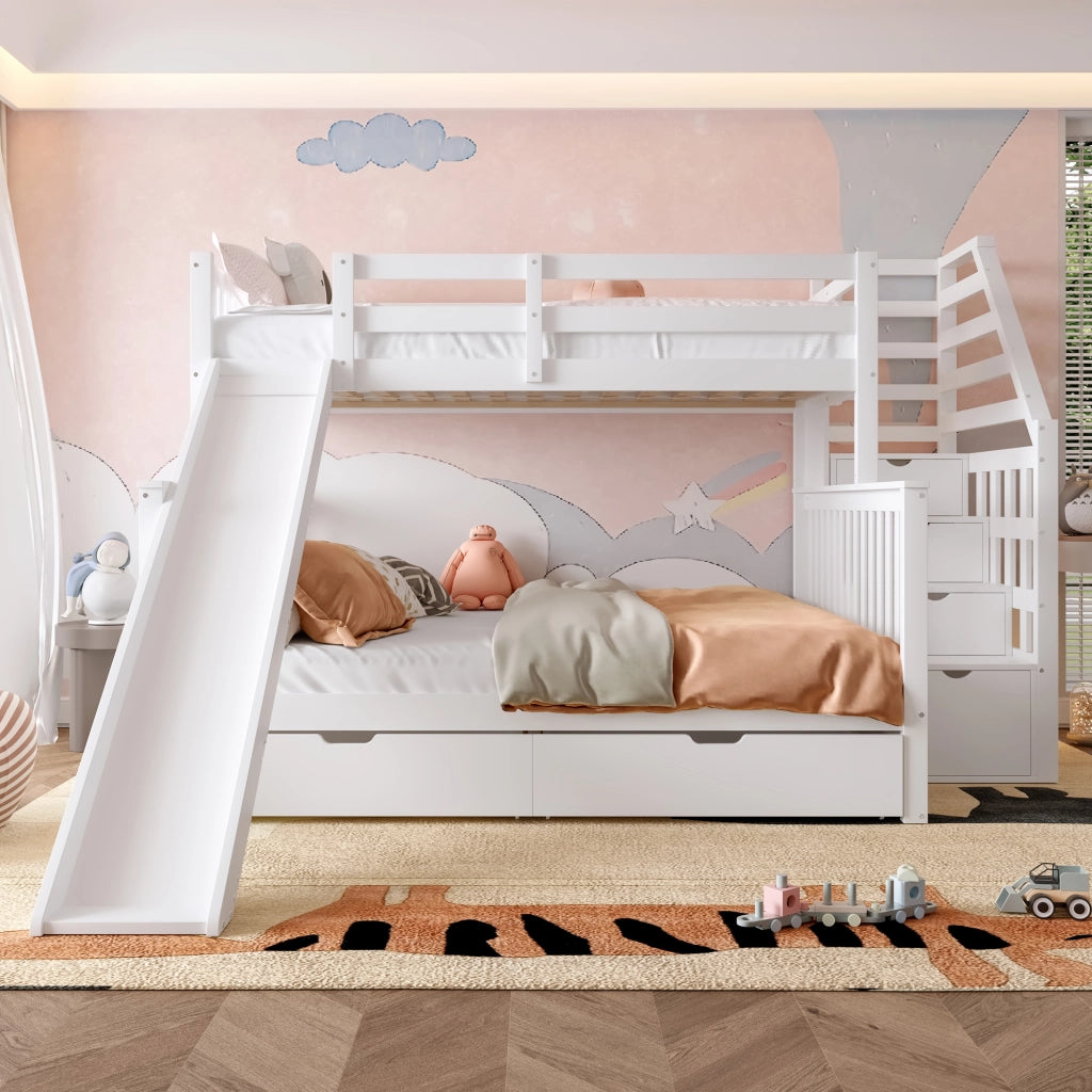 LETTO a castello con cassetti e scivolo 90x200/140x200 cm Bianco antico