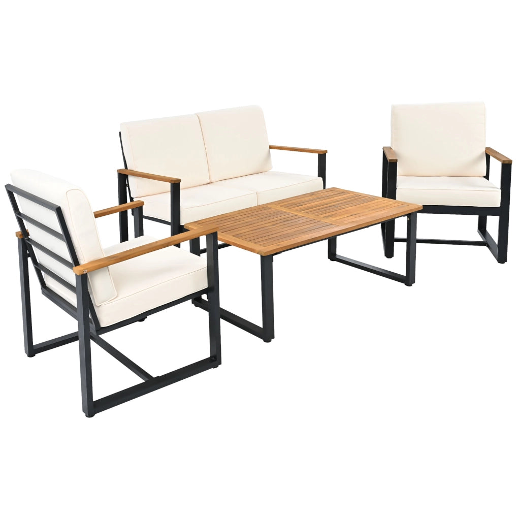 Set Salotto da Giardino Divano 3+2+1+1 Posti con Tavolino e Pouf ¨C MINIMAL ¨C Acacia e Acciaio Beige