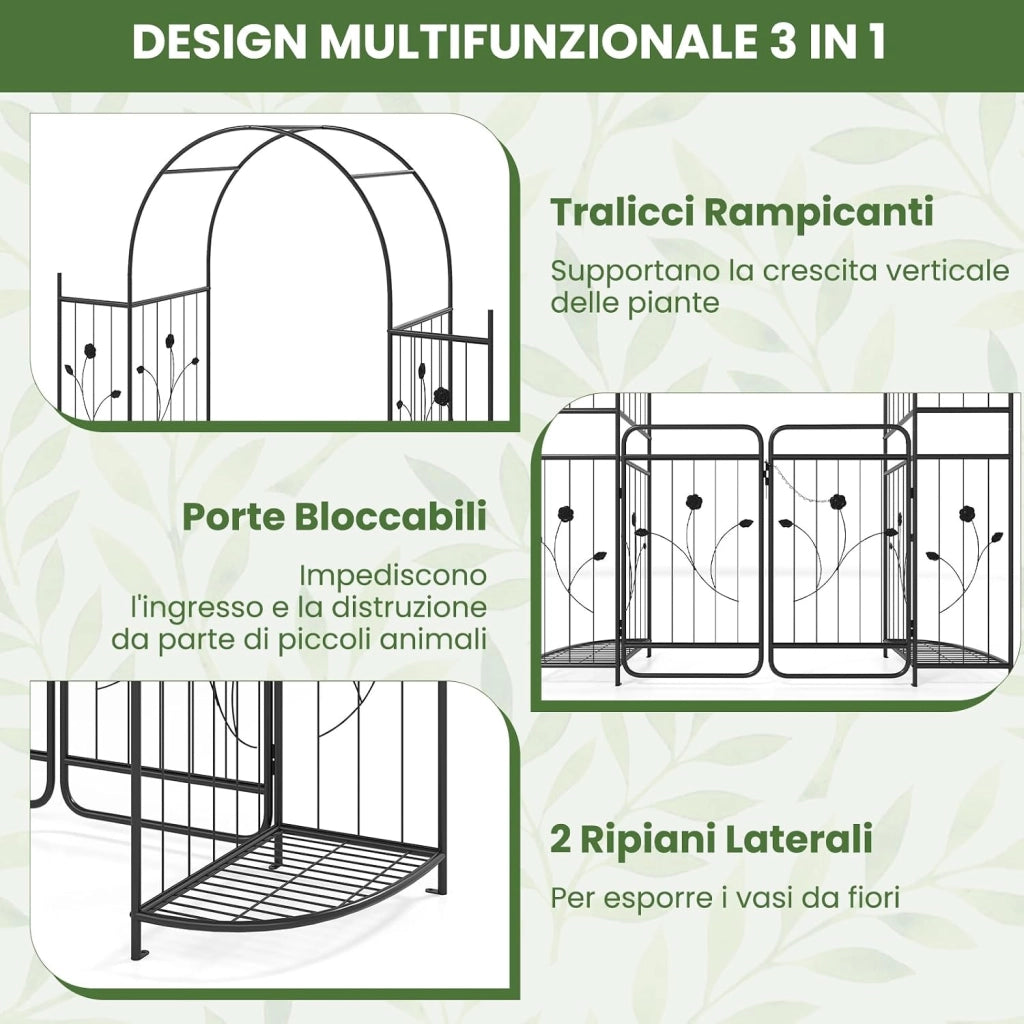 Arco da Giardino 220 cm, Pergolato con Cancello, Ripiani per Piante, Graticci per Rampicanti, Arco in Metallo per Piante Rampicanti da Esterno, Decorazione per Matrimoni e Cerimonie