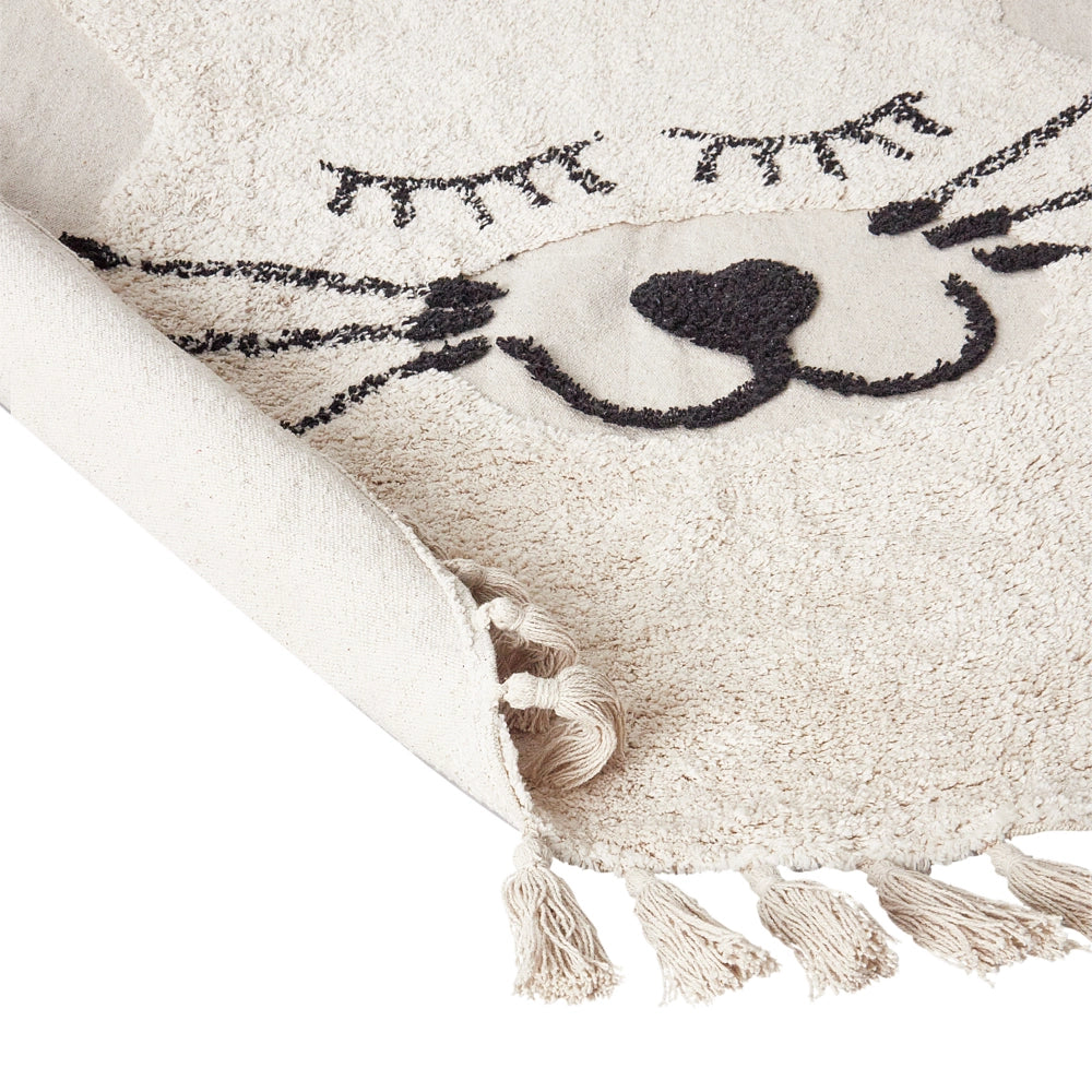 Tappeto Beige Cotone ø 120 cm Rotondo Decorativo Gatto Motivo Nappe Stile Boho Soggiorno Bambini Camera dei bambini