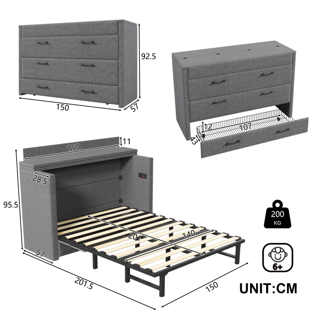 Letto a scomparsa 140x200 cm in lino grigio con cassetto, ripiano integrato e porte USB/Type-C