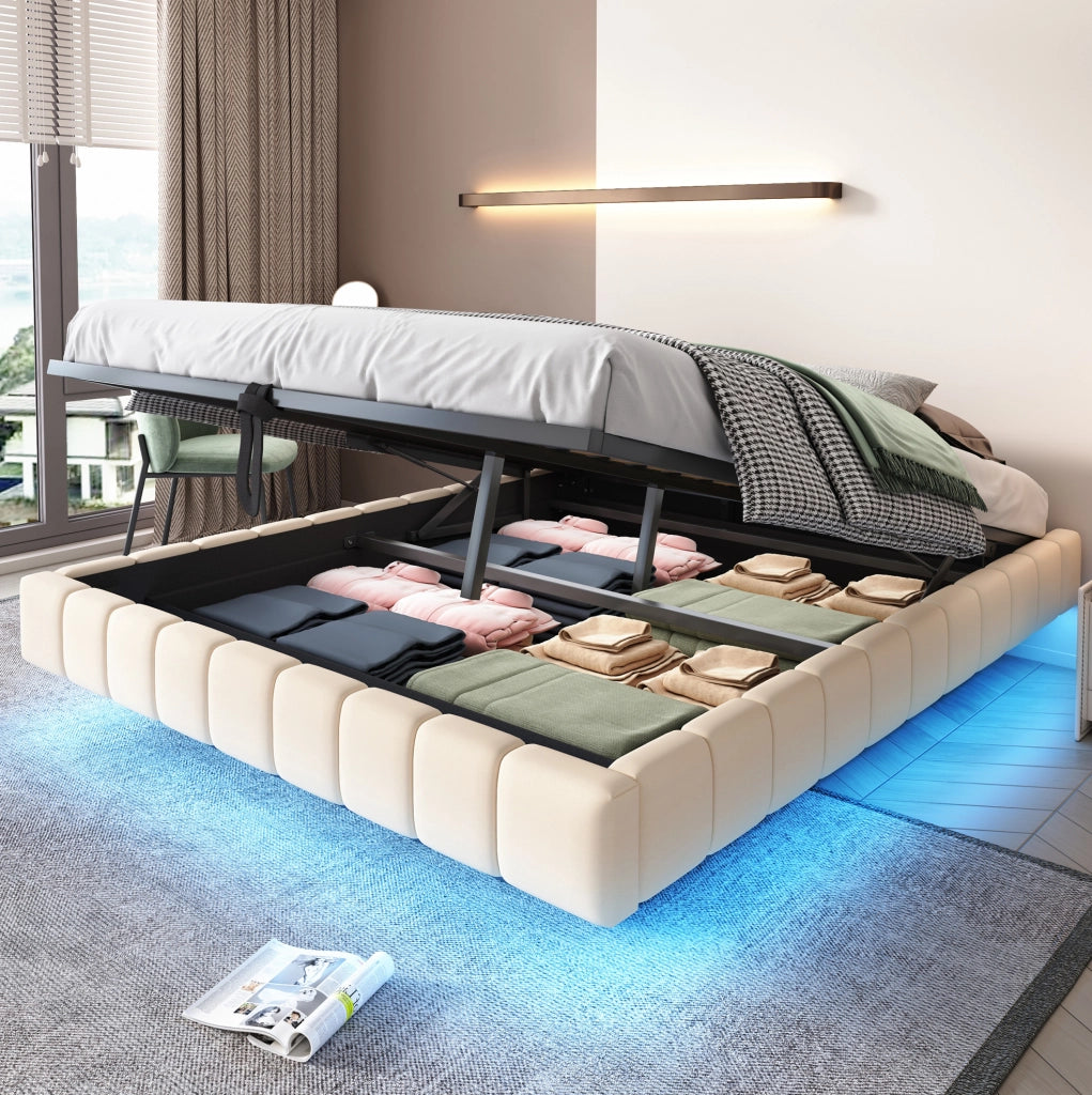 Letto matrimoniale imbottito sospeso 160x200 cm con LED beige