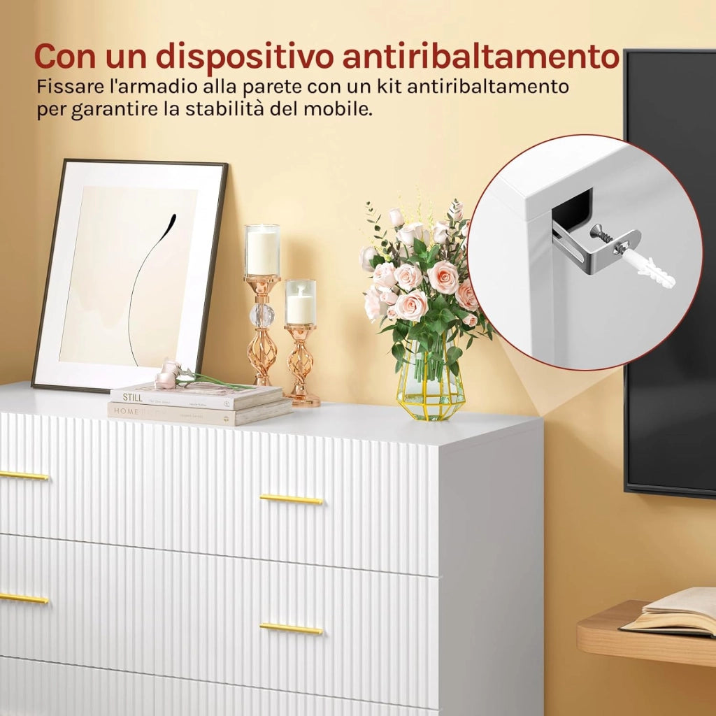 WOLTU Comò Bianco per Camera da Letto, Cassettiera 6 Cassetti in Legno con Gambe Metalliche Dorate, Mobile Contenitore per Soggiorno o Ingresso, Dimensioni 100x40x75 cm, KMD002ws