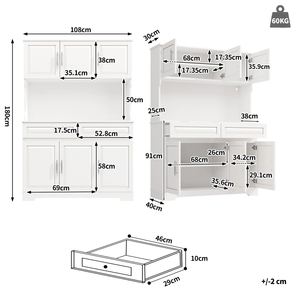 Credenza alta con LED e ripiani regolabili, piano di lavoro, per cucina e sala da pranzo, bianco, 108 × 40 × 180 cm