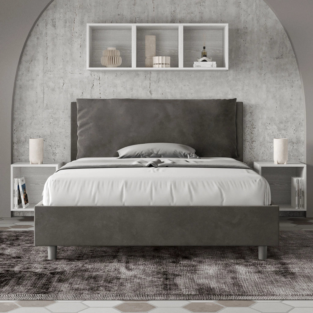 BS COM Letto matrimoniale francese con rete imbottito 140x200 microfibra grigio Large