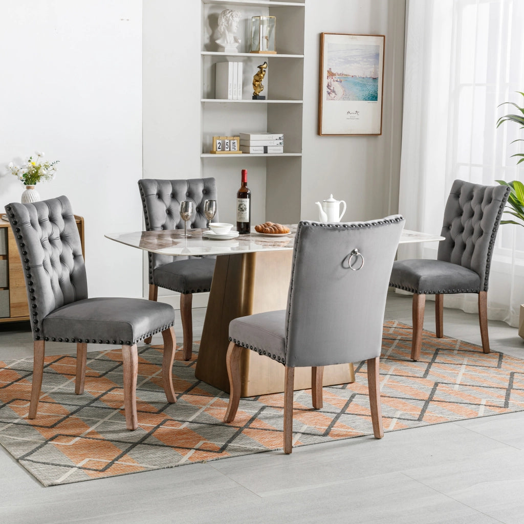 Sedia da Pranzo con Schienale ¨C MINIMAL ¨C Velluto Grigio, Gambe in Legno Massello, Imbottita, Set 4 Pezzi