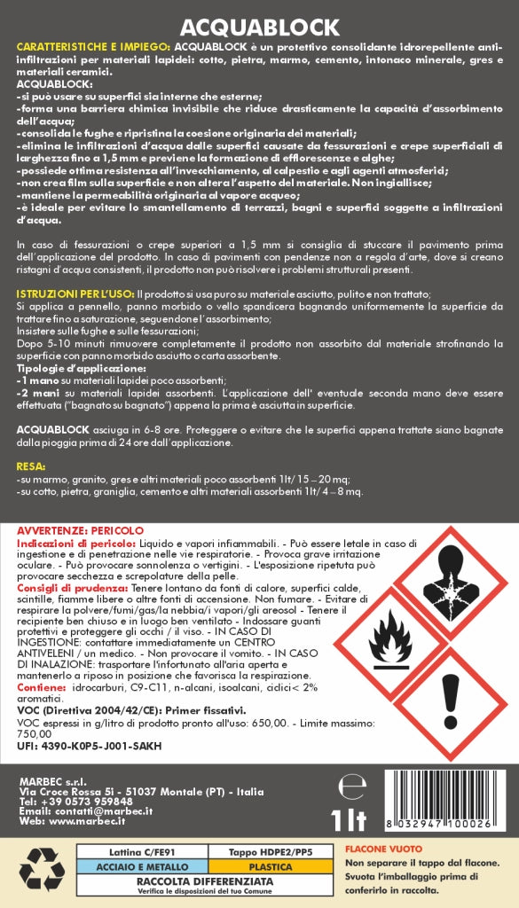 Protettivo consolidante anti infiltrazioni ACQUABLOCK   1LTx6Pz