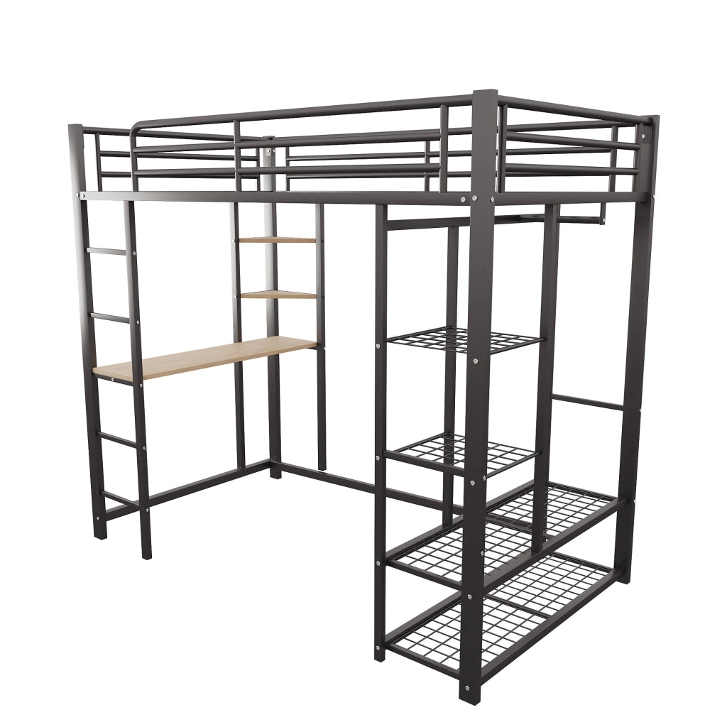 DESMIU Letto a soppalco letto singolo 1 posto con scrivania, scaffali e appendiabiti, 90 × 200 cm, senza materasso, nero