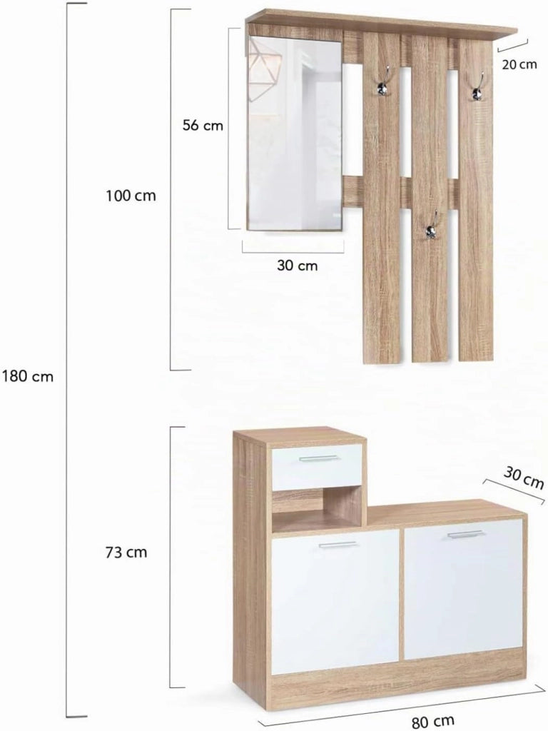 Mobile da ingresso, appendiabiti con specchio, design in legno faggio e ante bianco PAULIN