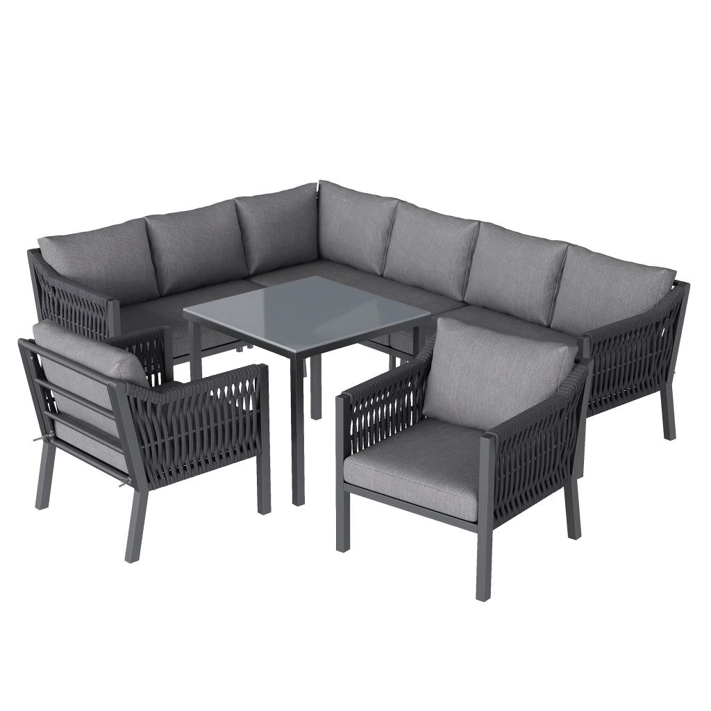 Set da Giardino 8 Posti con Tavolo, Divano Angolare e Poltrone ¨C MINIMAL ¨C Polyrattan Grigio, Piano in Vetro