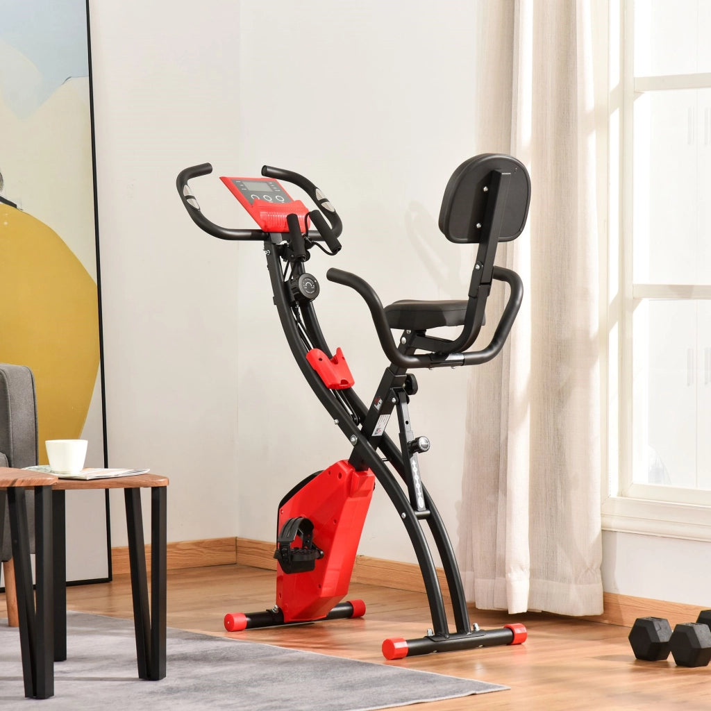 EasyComfort Cyclette Pieghevole 2 in 1, Resistenza Magnetica Regolabile 8 Livelli, Cyclette da Casa Silenziosa con Sensore di Frequenza Cardiaca, Elastici per Braccia, Schermo LCD, Volano 2.5kg, Rosso
