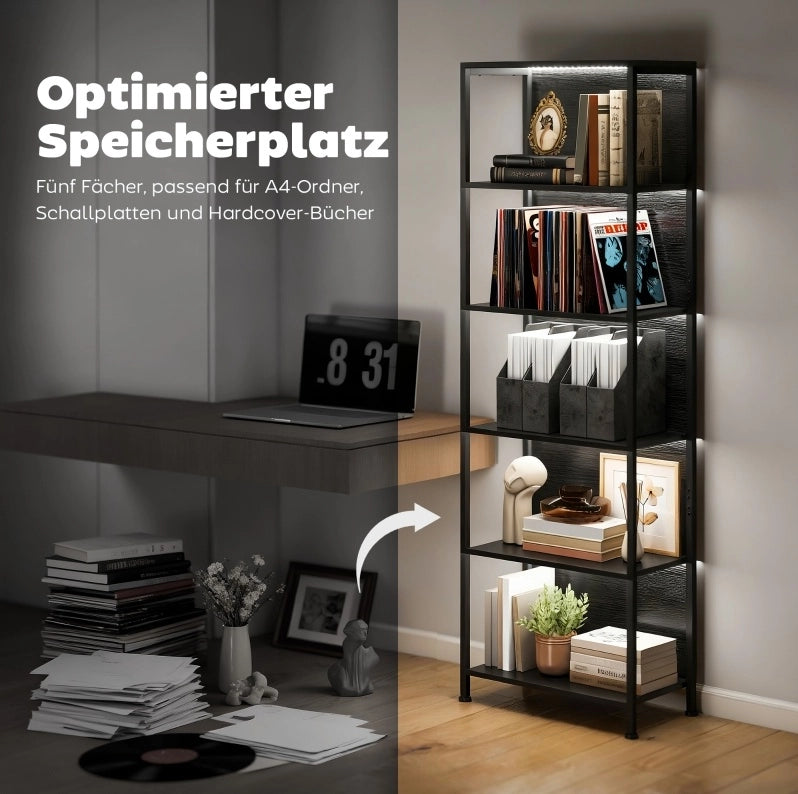 Libreria nera a 5 ripiani con LED a 7 colori, 60 x 30 x 179 cm