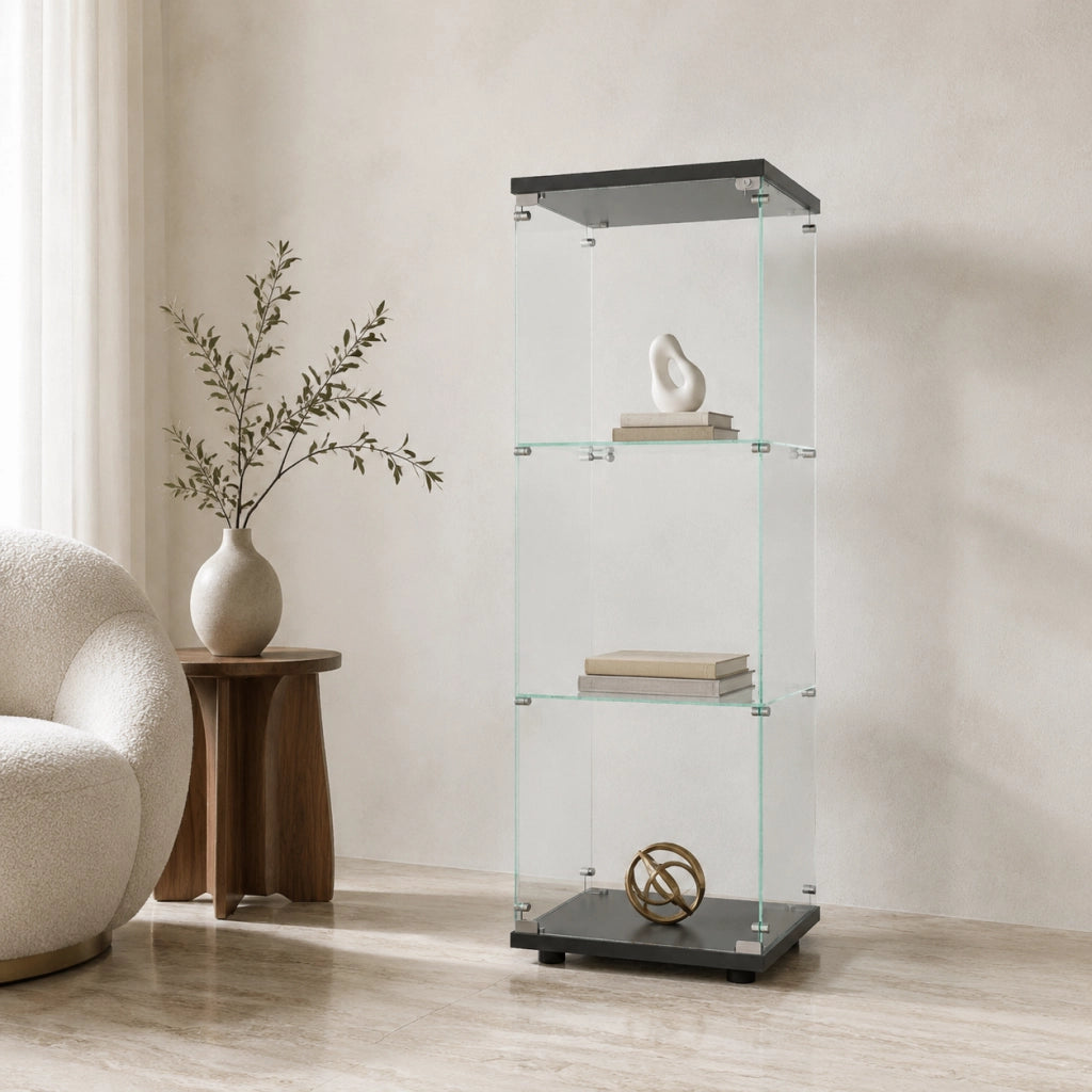 Vetrina espositiva in vetro con serratura, struttura nera, 42,4x36,3x125,2cm, mobile espositore per collezioni e modellini