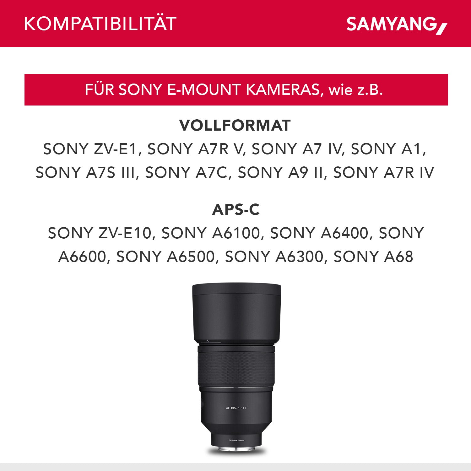 Teleobiettivo AF 135mm F1.8 FE compatibile con Sony E Autofocus pieno formato e APS-C Focale fissa veloce, alloggiamento in alluminio contro intemperie Per A9 A7 A1 Alpha 6000 A7C II A7C R