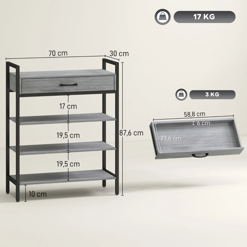 SCARPIERA a 3 ripiani con cassetto 70x30x87,6 cm grigio metallo