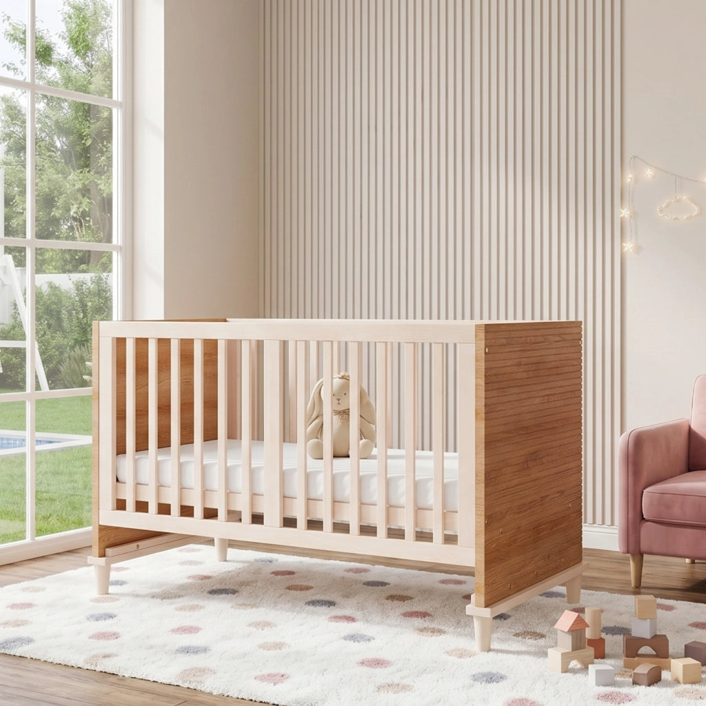 Lettino per bambini con rete a 5 altezze regolabili, struttura in legno massello e MDF, colore naturale, 144 x 74 x 87 cm