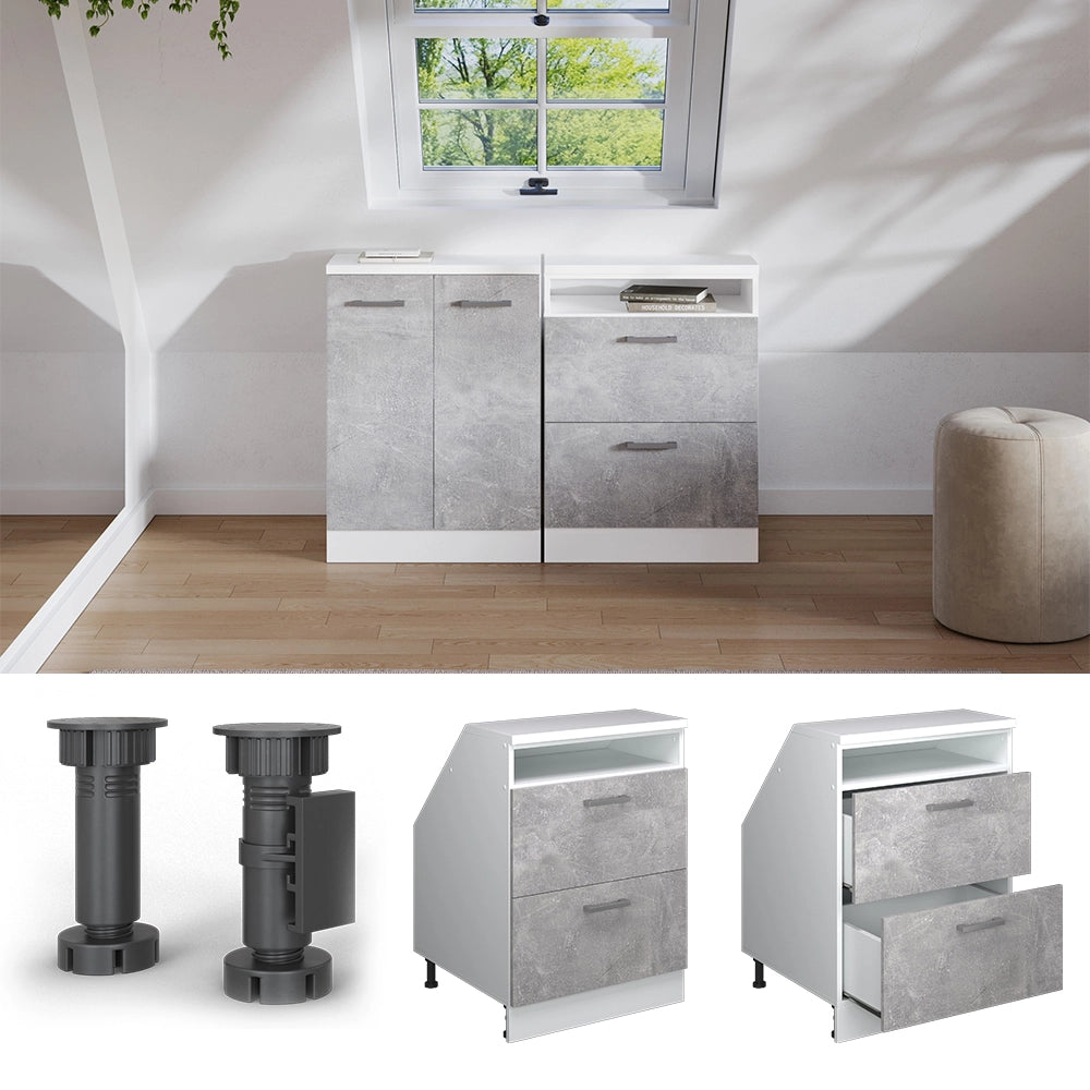 Mobile sottotetto Rion Calcestruzzo/Bianco 60 x 83.8 cm con 2 cassetti, carcassa 60 cm profondità Vicco